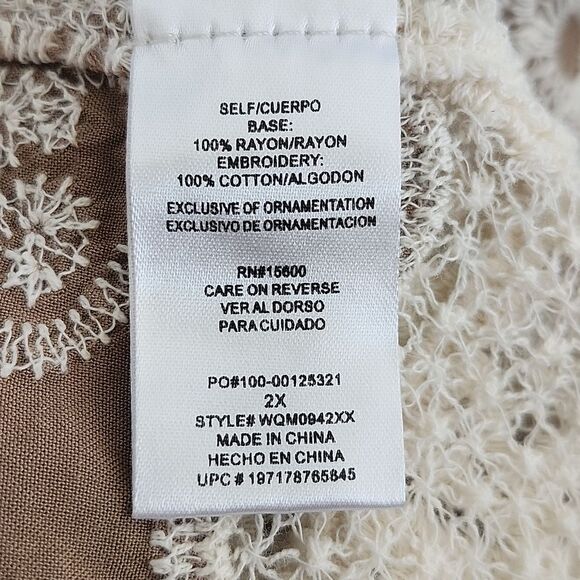 Democracy Rayon Taupe Brown Blouse W/ Cream Cotton Embroidery, 2X - Picture 7 of 8